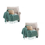 2x Green Tassel Fringe Knitting Blanket Warm Woven Couch Bed Sofa Decor