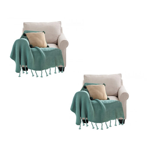 2x Green Tassel Fringe Knitting Blanket Warm Woven Couch Bed Sofa Decor