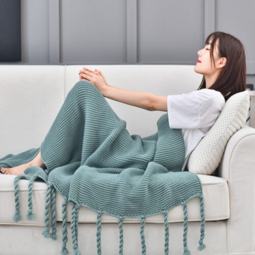 2x Green Tassel Fringe Knitting Blanket Warm Woven Couch Bed Sofa Decor - Image 2