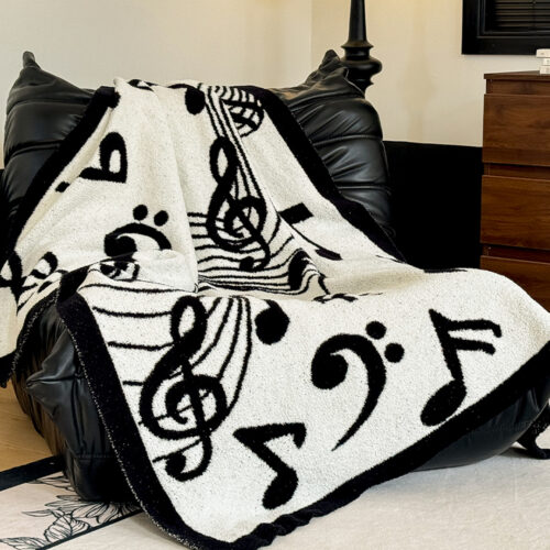 2x 130x160cm Throw Blanket Black White Musical Note Half Fleece Soft Cozy for Music Lovers