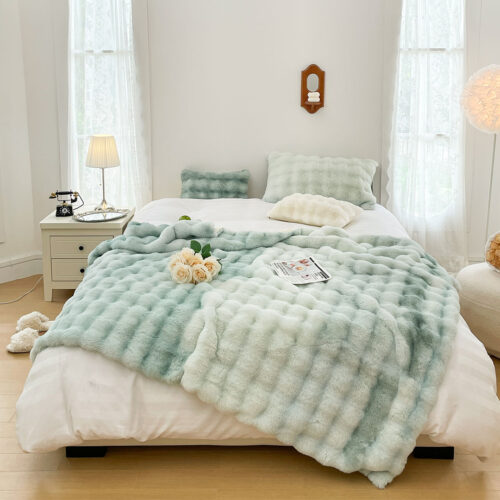 2x 200cm Light Green Fuzzy Super Soft Cozy Fluffy Throw Blanket - Image 2