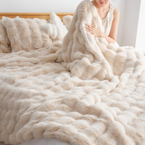 2x 160X200cm Throw Blanket Light Camel Color Double Layer Rabbit Fur Cozy Comfort - Image 5