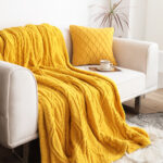 2x 200X230cm Throw Blanket Yellow White Chenille Fleece Knitted Fabric on One Side Soft Suede