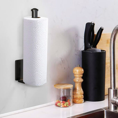 Black Wall-Mounted Kitchen Roll Holder Organiser Space Saving Rack - Image 7