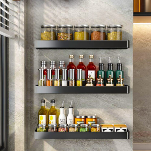 32cm Black Wall-Mounted Kitchen Spice Storage Organiser Shelf Rack - Image 4