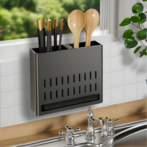 2x Wall Mounted Kitchen Utensil Storage Rack Spoon Fork Chopstick Space-Saving Organiser - Image 3