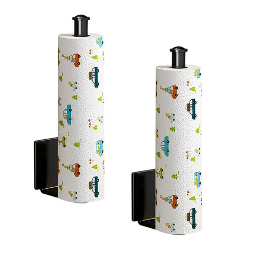 2x Black Wall-Mounted Kitchen Roll Holder Organiser Space Saving Rack