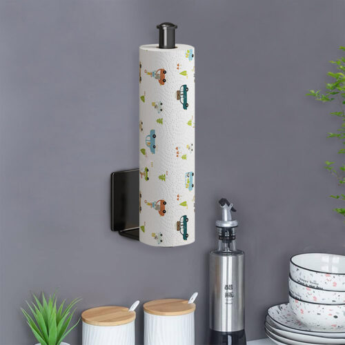 2x Black Wall-Mounted Kitchen Roll Holder Organiser Space Saving Rack - Image 3