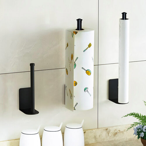 2x Black Wall-Mounted Kitchen Roll Holder Organiser Space Saving Rack - Image 5