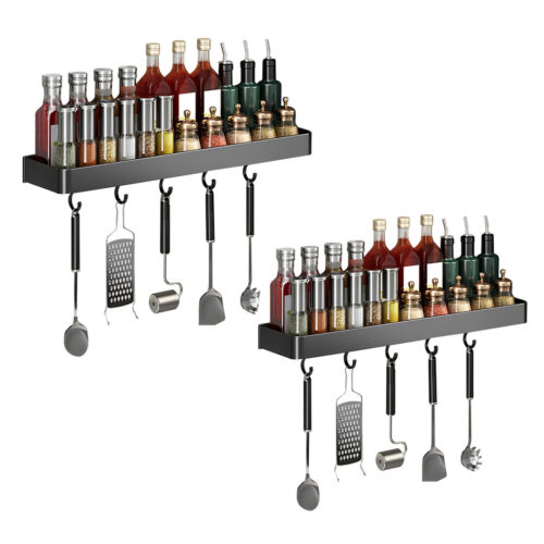 2x 30cm Black Wall-Mounted Kitchen Spice Storage Organiser Shelf Rack with Hooks