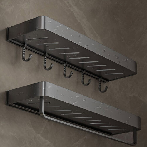 2x 30cm Black Wall-Mounted Kitchen Spice Storage Organiser Shelf Rack with Hooks - Image 4
