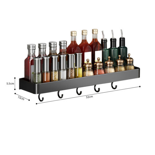 2x 30cm Black Wall-Mounted Kitchen Spice Storage Organiser Shelf Rack with Hooks - Image 5