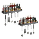 2x 40cm Black Wall-Mounted Kitchen Spice Storage Organiser Shelf Rack with Hooks