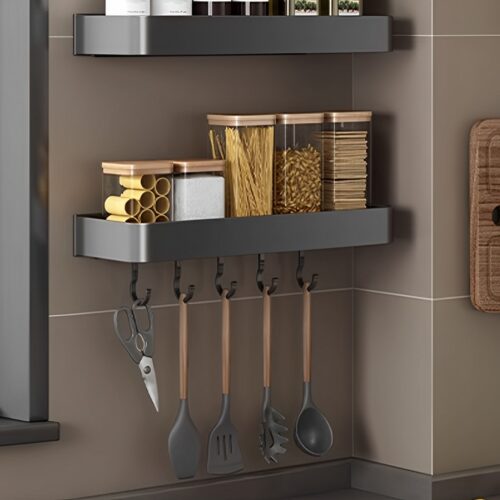2x 40cm Black Wall-Mounted Kitchen Spice Storage Organiser Shelf Rack with Hooks - Image 2