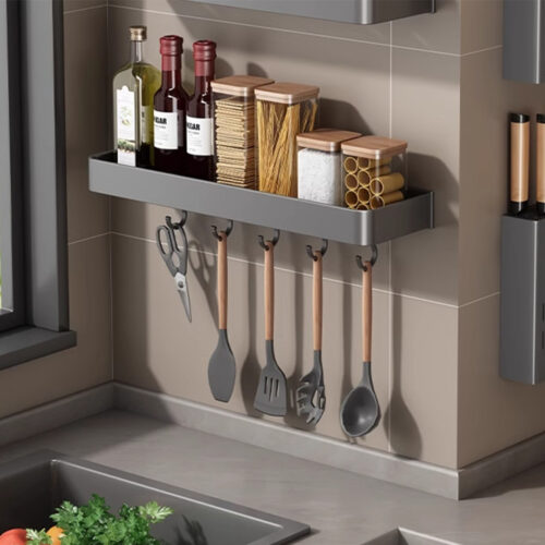 2x 40cm Black Wall-Mounted Kitchen Spice Storage Organiser Shelf Rack with Hooks - Image 3