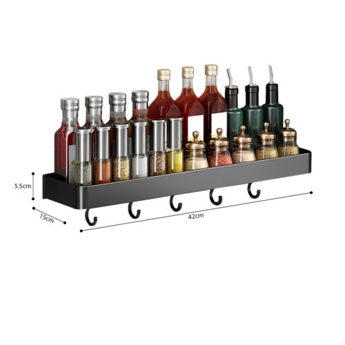 2x 40cm Black Wall-Mounted Kitchen Spice Storage Organiser Shelf Rack with Hooks - Image 5