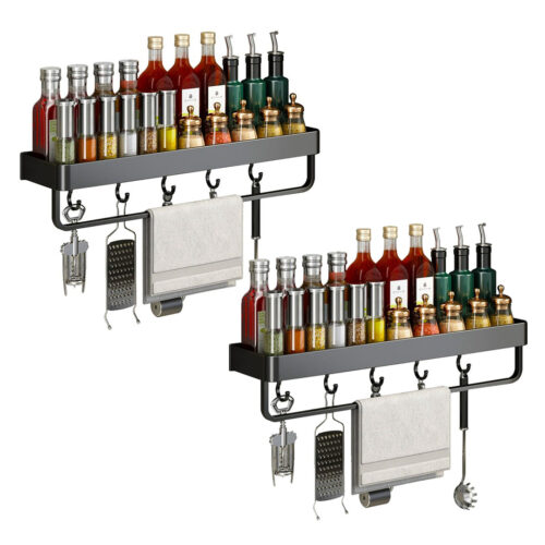 2x 50cm Black Wall-Mounted Kitchen Spice Storage Organiser Shelf Rack with Hooks