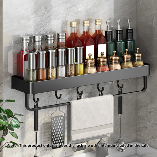 2x 50cm Black Wall-Mounted Kitchen Spice Storage Organiser Shelf Rack with Hooks - Image 2