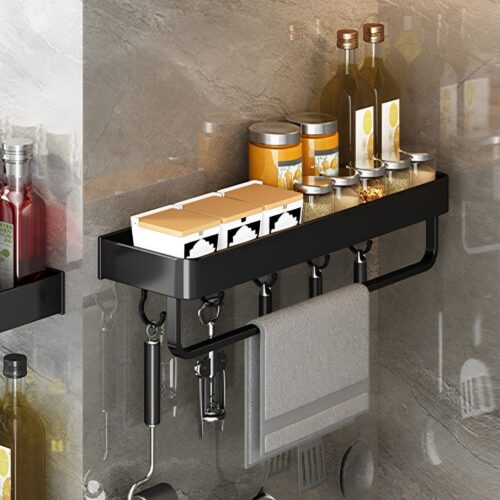 2x 50cm Black Wall-Mounted Kitchen Spice Storage Organiser Shelf Rack with Hooks - Image 3