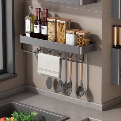 2x 50cm Black Wall-Mounted Kitchen Spice Storage Organiser Shelf Rack with Hooks - Image 4