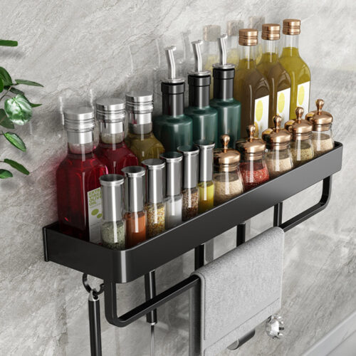 2x 50cm Black Wall-Mounted Kitchen Spice Storage Organiser Shelf Rack with Hooks - Image 5