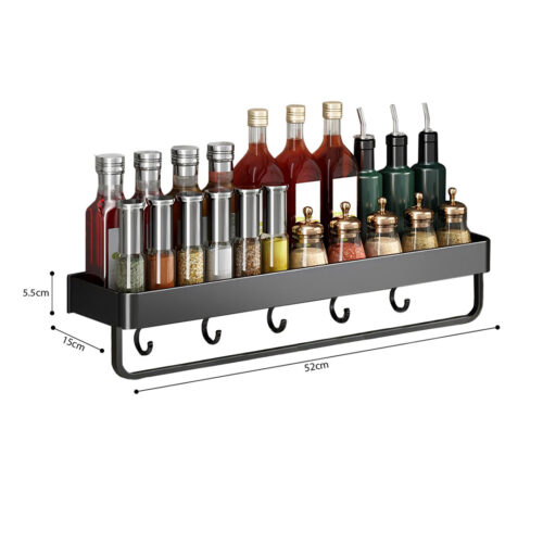 2x 50cm Black Wall-Mounted Kitchen Spice Storage Organiser Shelf Rack with Hooks - Image 6