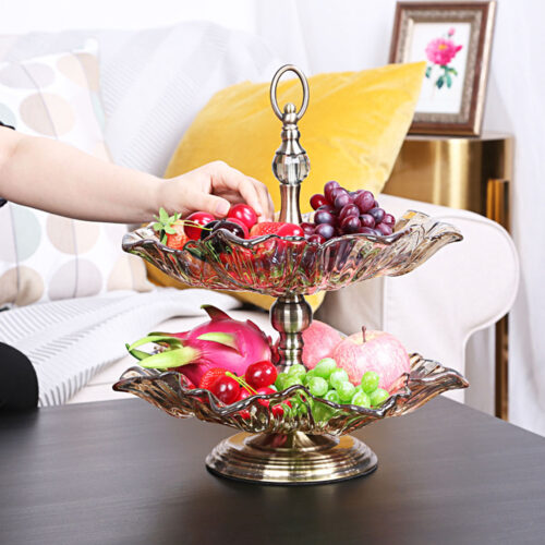 2 Tier Bronze Lotus Vertex Crystal Glass Fruit Bowl Candy Holder Countertop Dessert Serving Basket Decor - Image 5