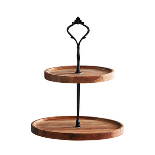 15cm 2 Tier Brown Round Wooden Acacia Dessert Tray Cake Snacks Cupcake Stand Buffet Serving Countertop Decor