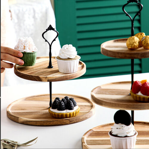 15cm 2 Tier Brown Round Wooden Acacia Dessert Tray Cake Snacks Cupcake Stand Buffet Serving Countertop Decor - Image 3