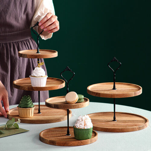 15cm 2 Tier Brown Round Wooden Acacia Dessert Tray Cake Snacks Cupcake Stand Buffet Serving Countertop Decor - Image 5