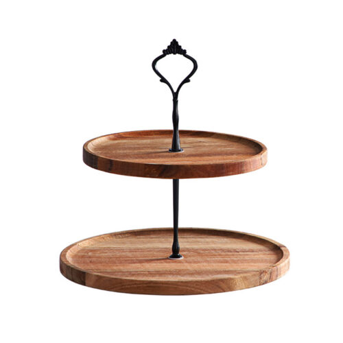 20cm 2 Tier Brown Round Wooden Acacia Dessert Tray Cake Snacks Cupcake Stand Buffet Serving Countertop Decor