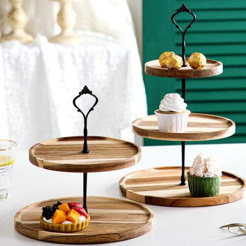 20cm 2 Tier Brown Round Wooden Acacia Dessert Tray Cake Snacks Cupcake Stand Buffet Serving Countertop Decor - Image 5