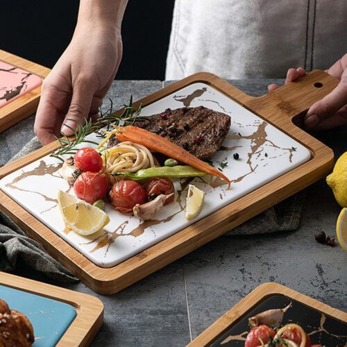 33.5cm White Square Wooden Serving Tray Slate Steak Serving Platter Chopping Board Paddle Decor - Image 4