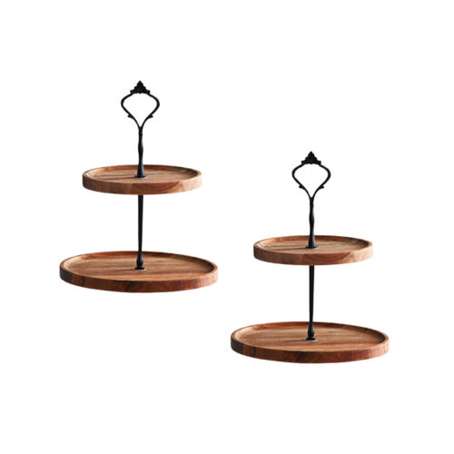 2x 15cm 2 Tier Brown Round Wooden Acacia Dessert Tray Cake Snacks Cupcake Stand Buffet Serving Countertop Decor