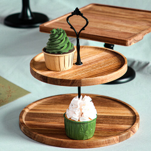2x 15cm 2 Tier Brown Round Wooden Acacia Dessert Tray Cake Snacks Cupcake Stand Buffet Serving Countertop Decor - Image 3