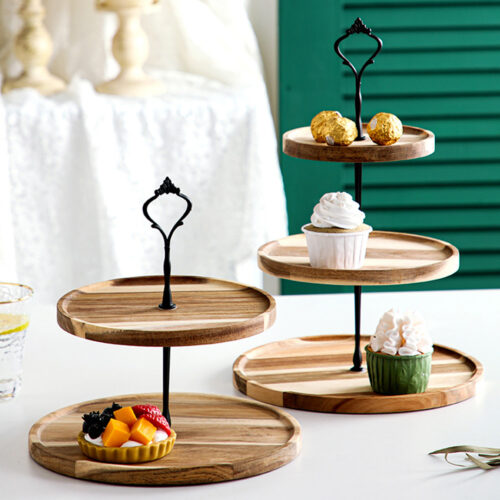 2x 15cm 2 Tier Brown Round Wooden Acacia Dessert Tray Cake Snacks Cupcake Stand Buffet Serving Countertop Decor - Image 5