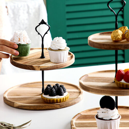 2x 20cm 2 Tier Brown Round Wooden Acacia Dessert Tray Cake Snacks Cupcake Stand Buffet Serving Countertop Decor - Image 3