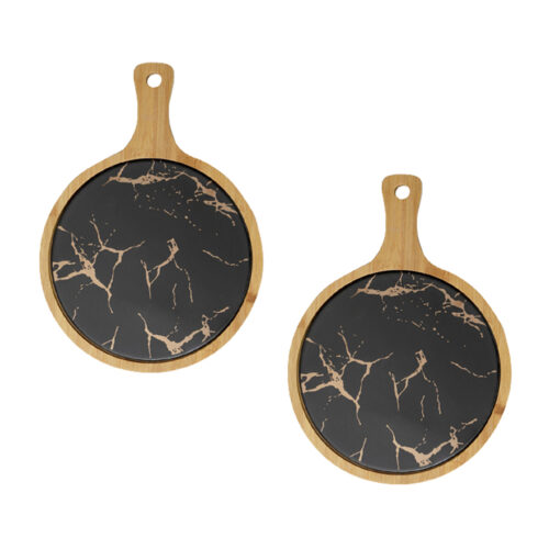 2x 30cm Black Circle Wooden Serving Tray Slate Steak Serving Platter Chopping Board Paddle Decor