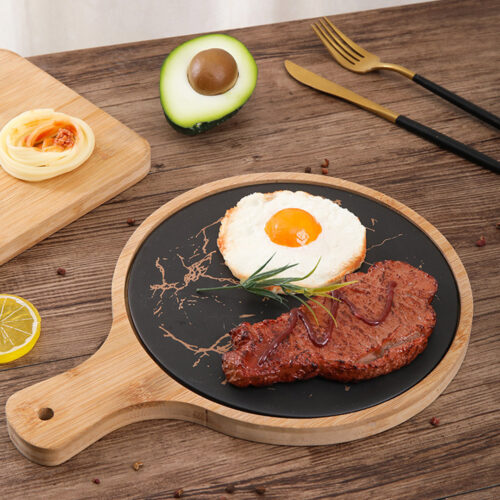 2x 30cm Black Circle Wooden Serving Tray Slate Steak Serving Platter Chopping Board Paddle Decor - Image 3