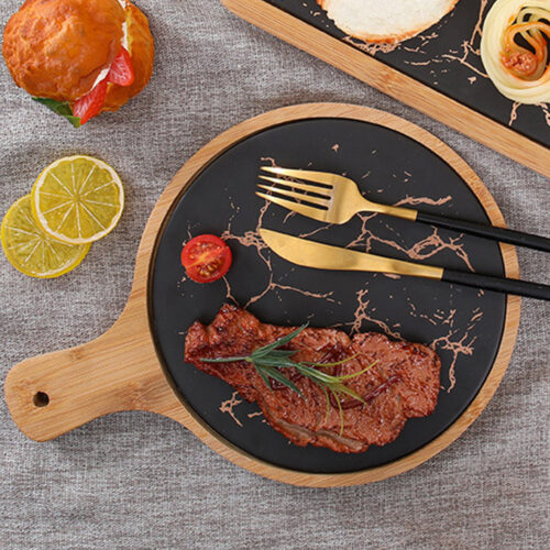 2x 30cm Black Circle Wooden Serving Tray Slate Steak Serving Platter Chopping Board Paddle Decor - Image 4