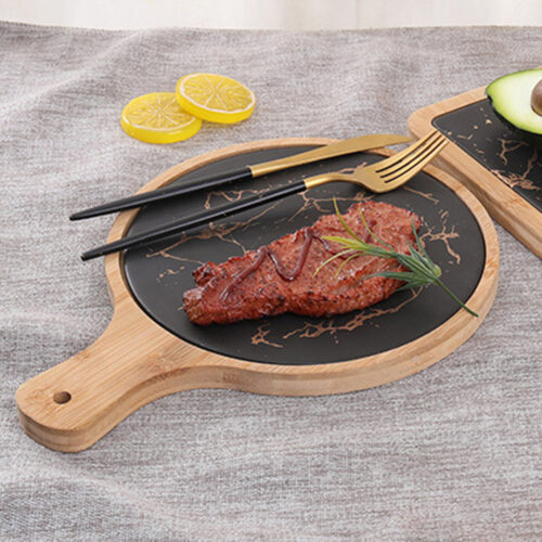 2x 30cm Black Circle Wooden Serving Tray Slate Steak Serving Platter Chopping Board Paddle Decor - Image 5
