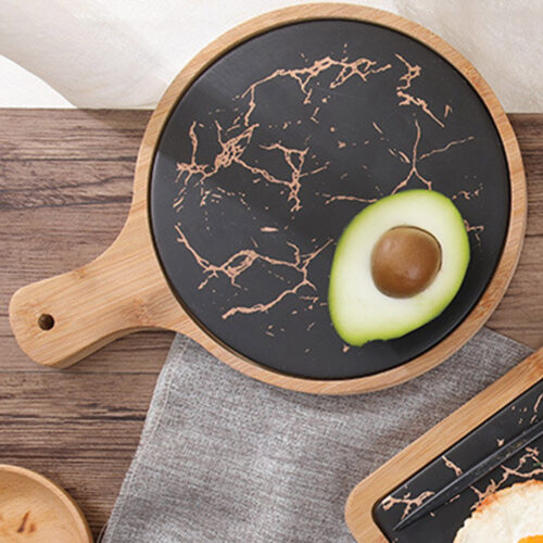 2x 30cm Black Circle Wooden Serving Tray Slate Steak Serving Platter Chopping Board Paddle Decor - Image 6