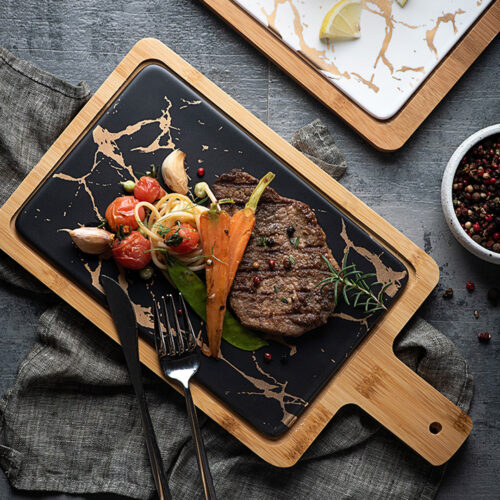 2x 33.5cm Black Square Wooden Serving Tray Slate Steak Serving Platter Chopping Board Paddle Decor - Image 3