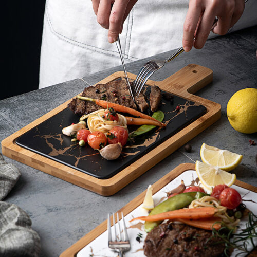 2x 33.5cm Black Square Wooden Serving Tray Slate Steak Serving Platter Chopping Board Paddle Decor - Image 4