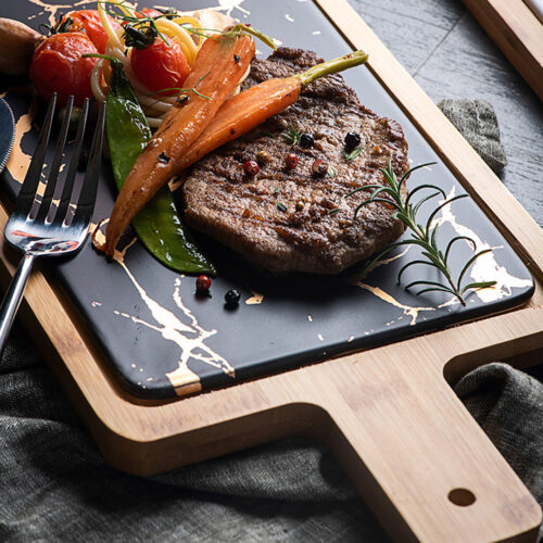 2x 33.5cm Black Square Wooden Serving Tray Slate Steak Serving Platter Chopping Board Paddle Decor - Image 5