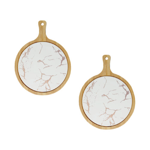 2x 30cm White Circle Wooden Serving Tray Slate Steak Serving Platter Chopping Board Paddle Decor