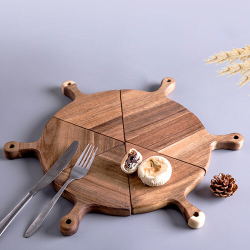 2x 6 pcs Brown Round Divisible Wood Pizza Server Food Plate Board Pizza Paddle Cutting Board Decor - Image 3