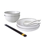 White Japanese Ceramic Dinnerware Crockery Soup Bowl Plate Server Kitchen Decor Set of 4