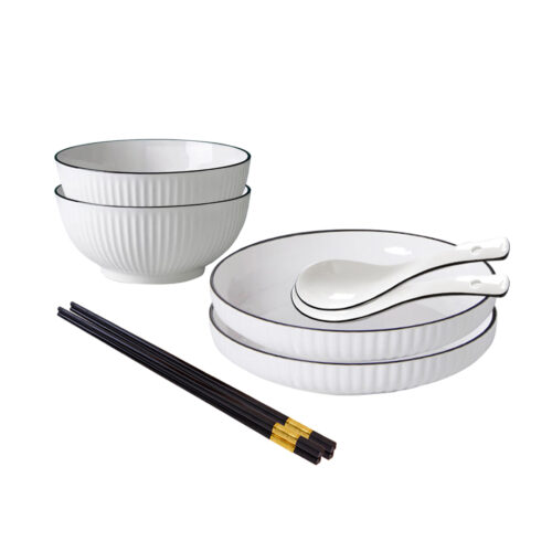 White Japanese Ceramic Dinnerware Crockery Soup Bowl Plate Server Kitchen Decor Set of 4