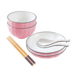 Pink Japanese Ceramic Dinnerware Crockery Soup Bowl Plate Server Kitchen Decor Set of 4